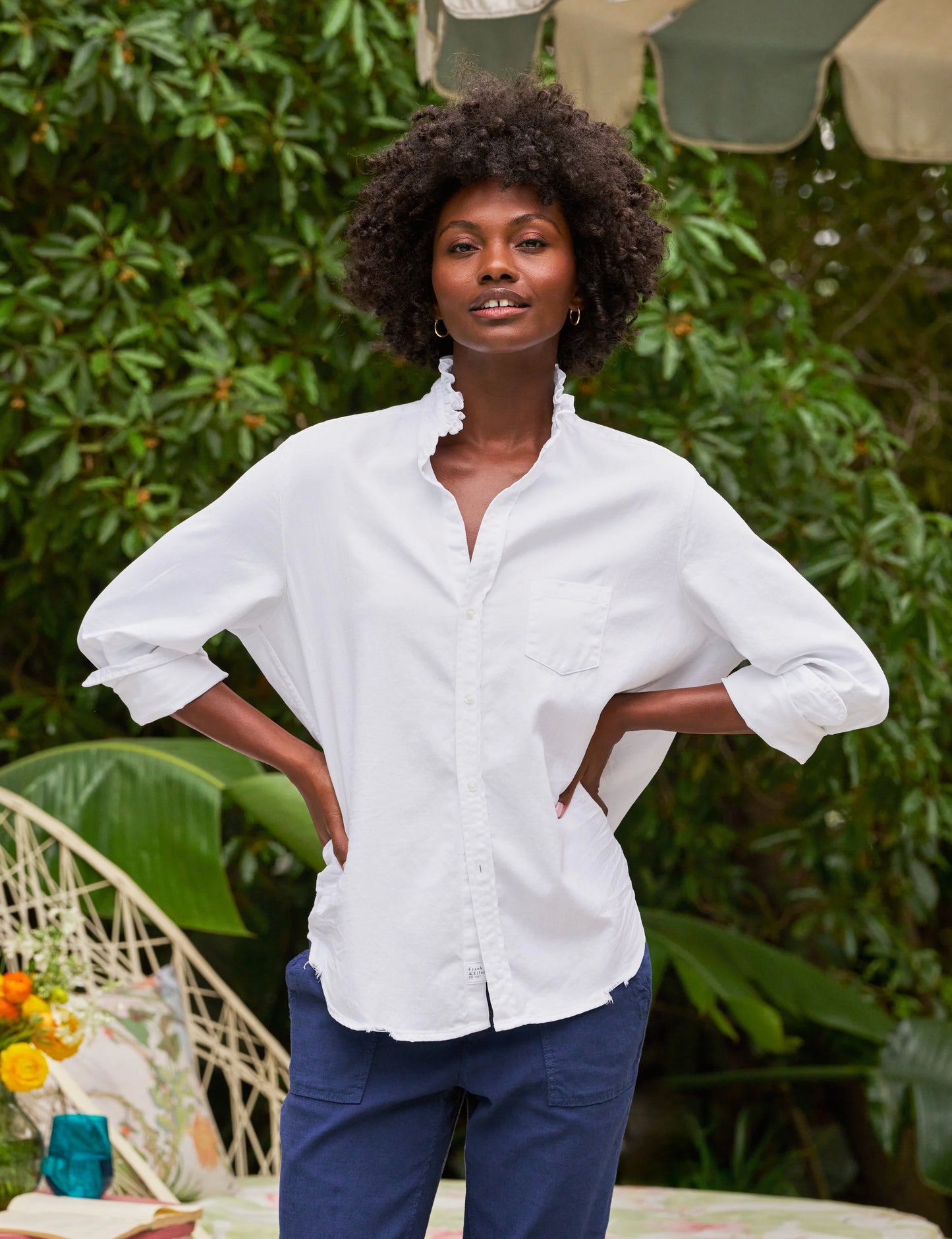 EILEEN RUFFLE BUTTON UP SHIRT- WHITE
