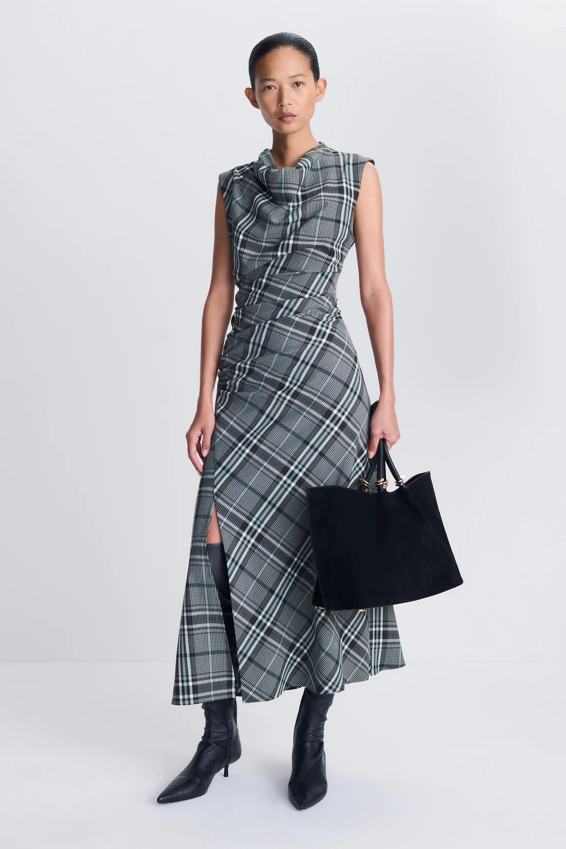 Burke S/L Draped Midi Dress - Everglade Plaid