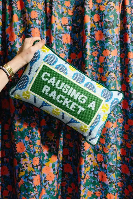 CAUSING A RACKET NEEDLEPOINT PILLOW