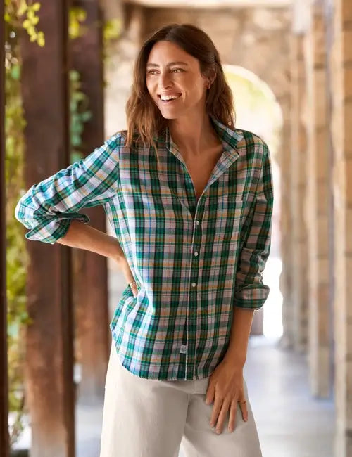 RELAXED BUTTON UP SHIRT IN GREEN PINK BLUE BLACK PLAID