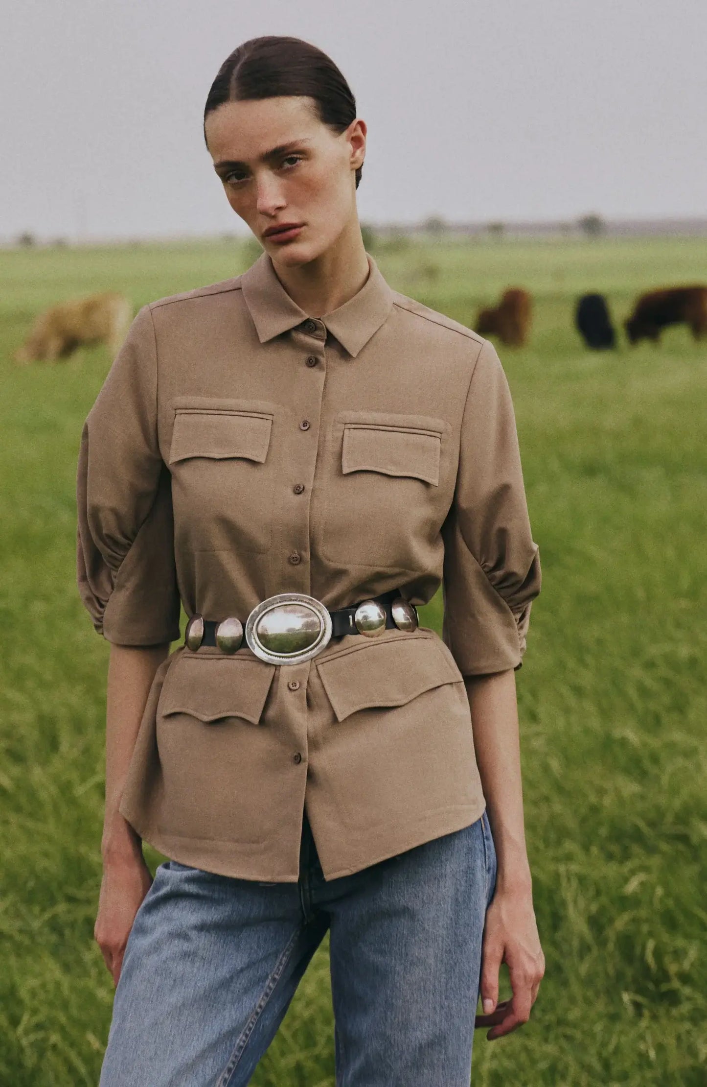 MELANGE CREPE BELTED SHIRT