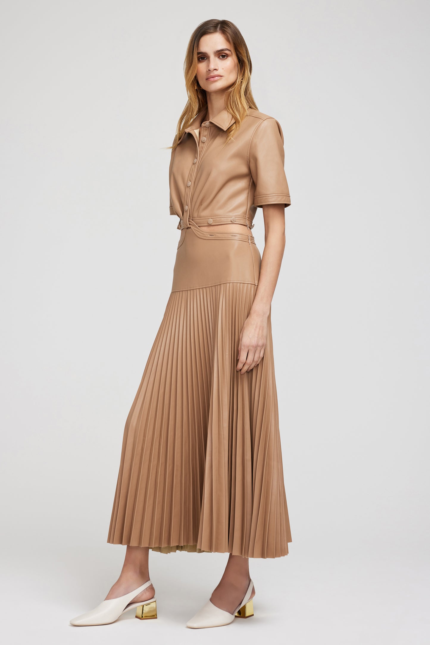MARITZA S/S PLEATED COMBO MIDI SHIRT DRESS