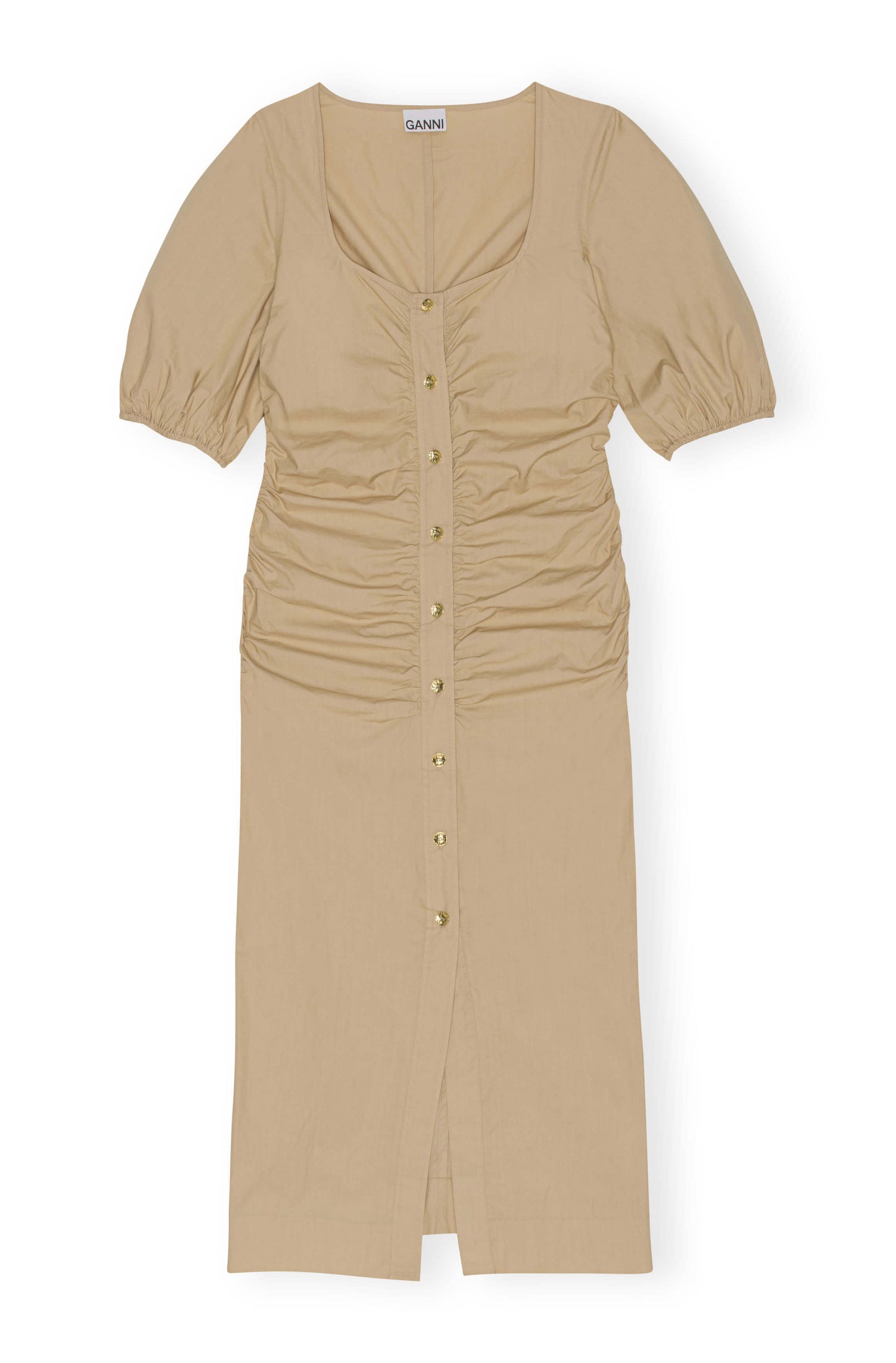 COTTON POPLIN GATHERED OPEN-NECK MAXI DRESS