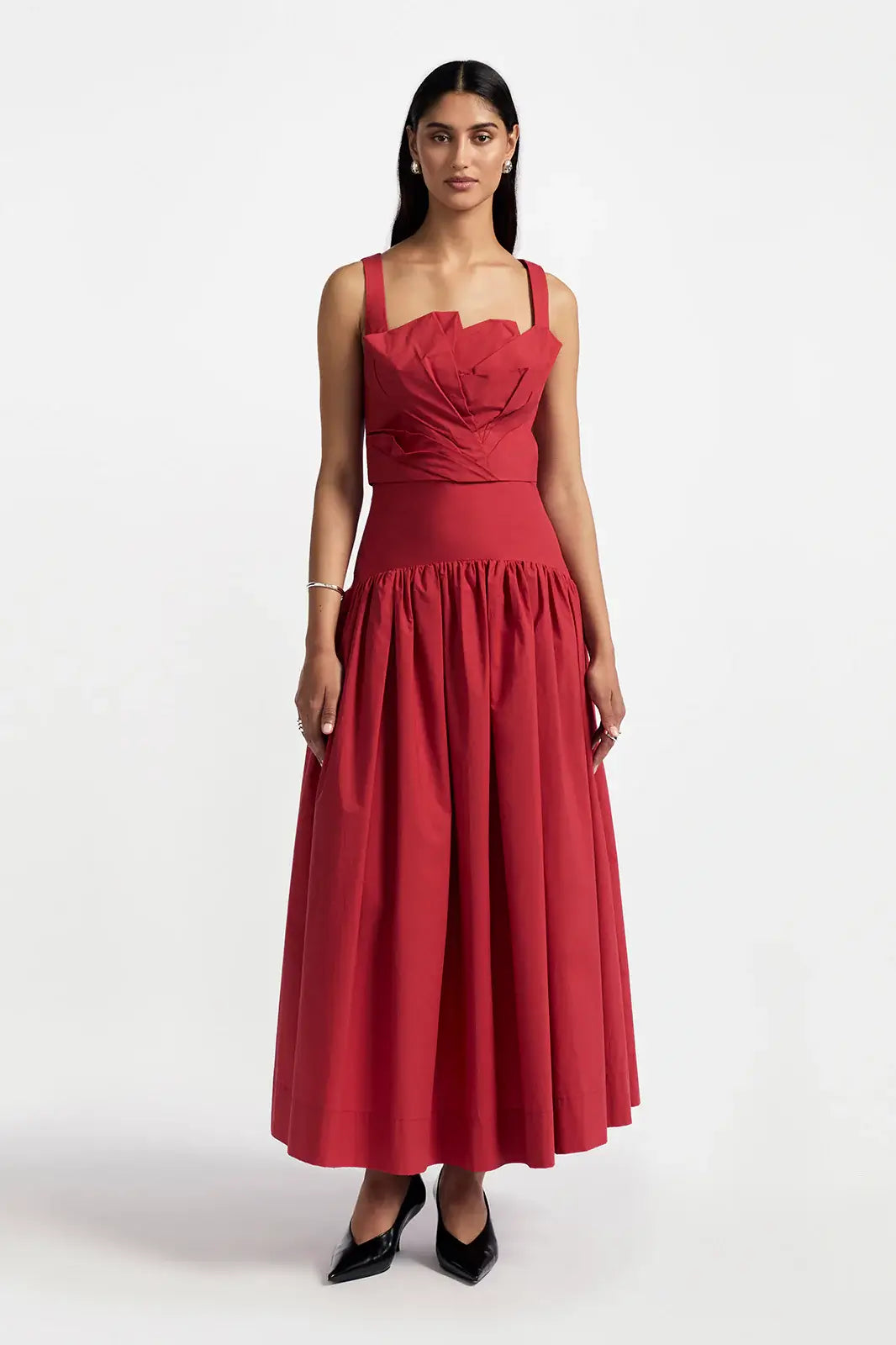 COTTON POPLIN DROP WAIST SEAM SKIRT