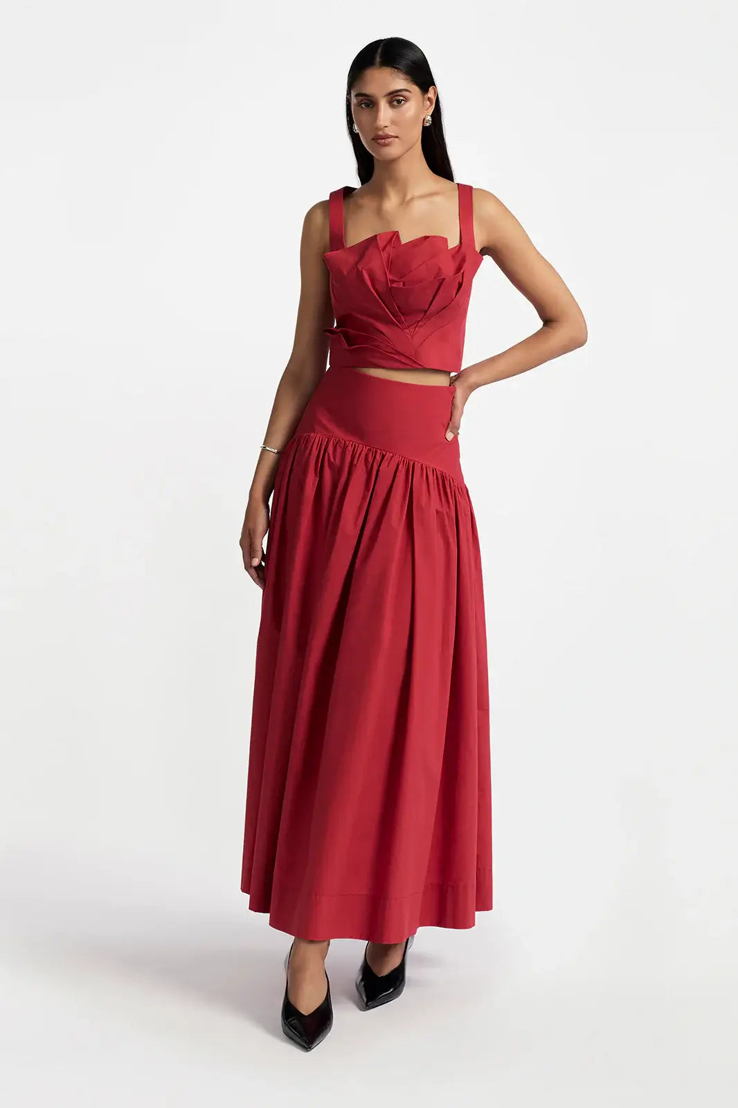 COTTON POPLIN DROP WAIST SEAM SKIRT