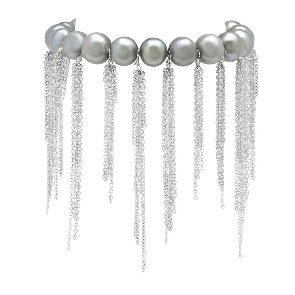 FRINGE BRACELET- SILVER FRESHWATER PEARLS, STERLING SILVER CHAIN