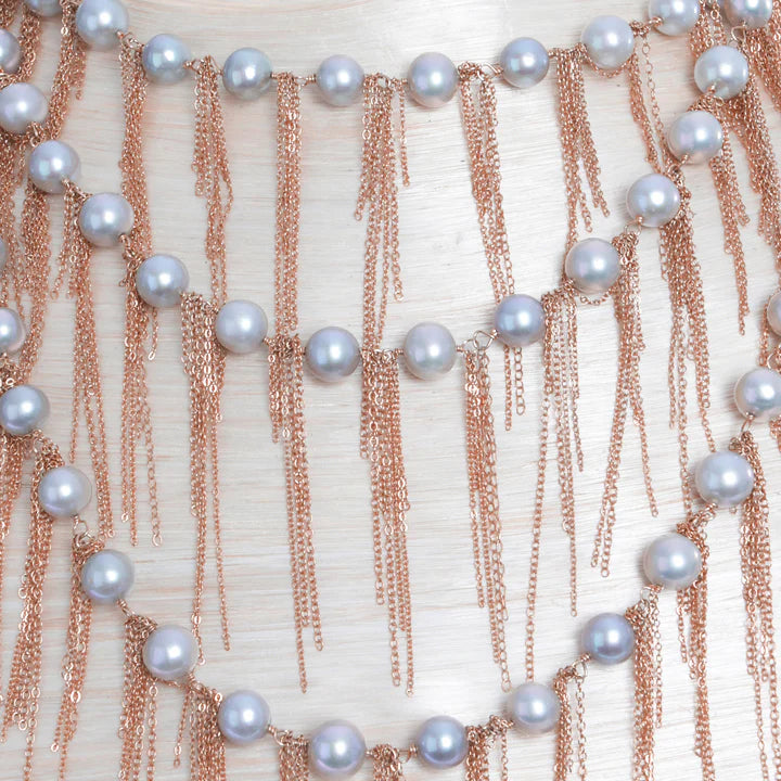 FRINGE NECKLACE, SILVER PEARLS, ROSE GOLD, YELLOW AND SILVER CHAIN 62"
