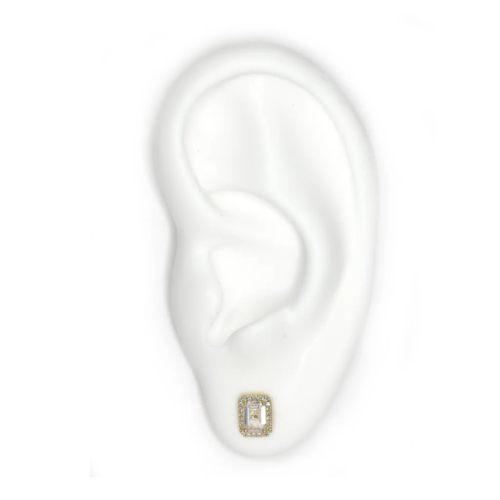 EMERALD CUT TOPAZ DIAMOND HALO STUD EARRINGS