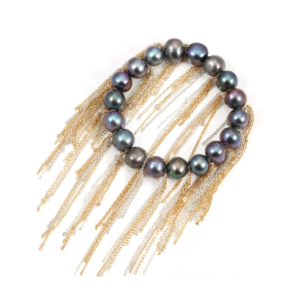 FRINGE BRACELET- PEACOCK FRESHWATER PEARLS, ROSE GOLD & SILVER CHAIN