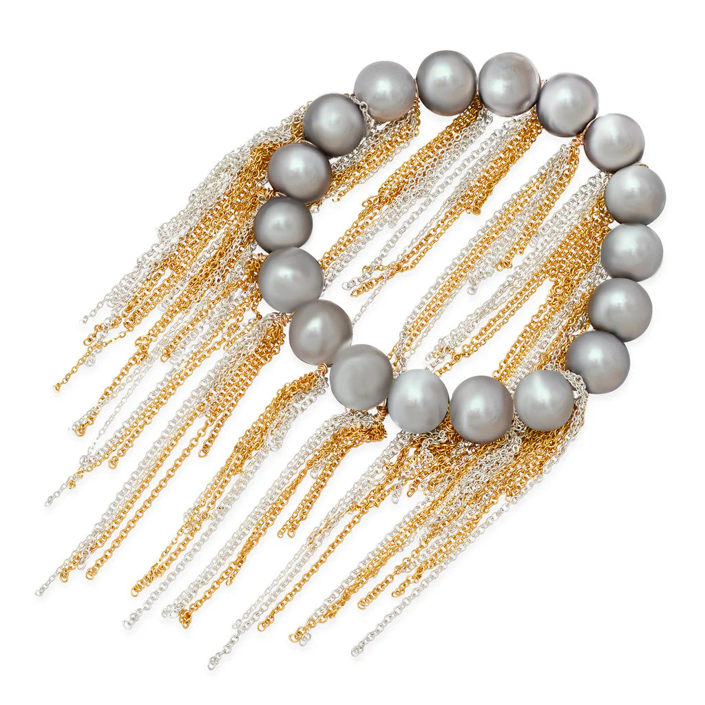 FRINGE BRACELET- SILVER FRESH WATER PEARLS, SILVER & YELLOW GOLD FRINGE