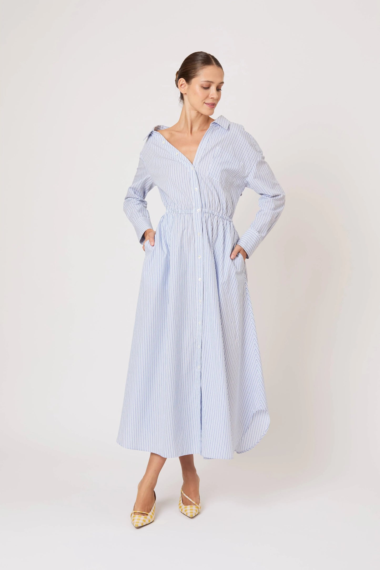 FALLING OFF THE SHOULDER DRESS IN MEN'S SHIRTING