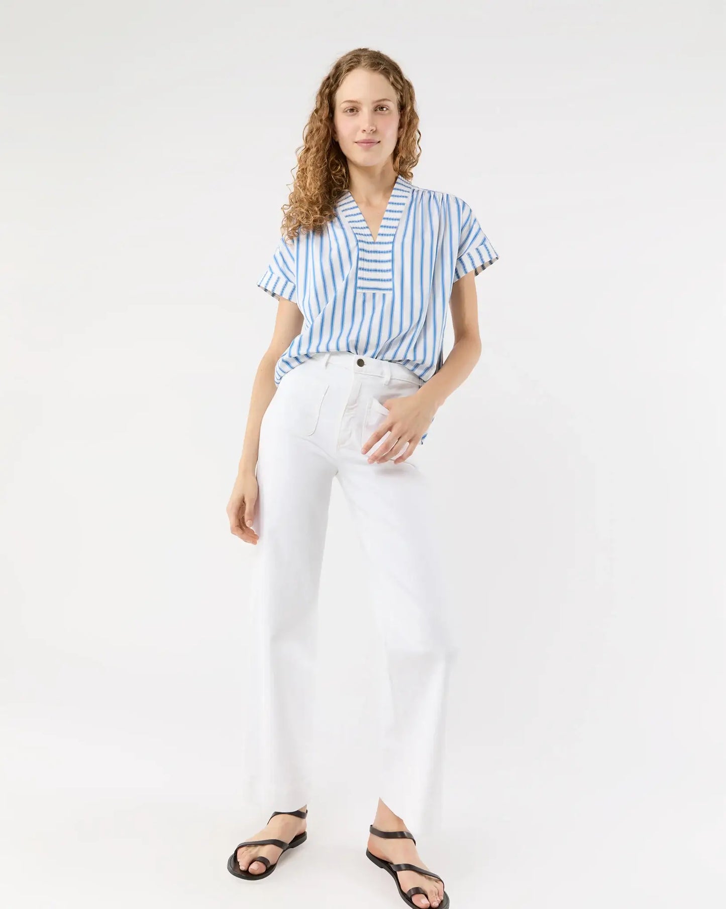 LIBBY TOP - IVORY/BLUE STRIPE