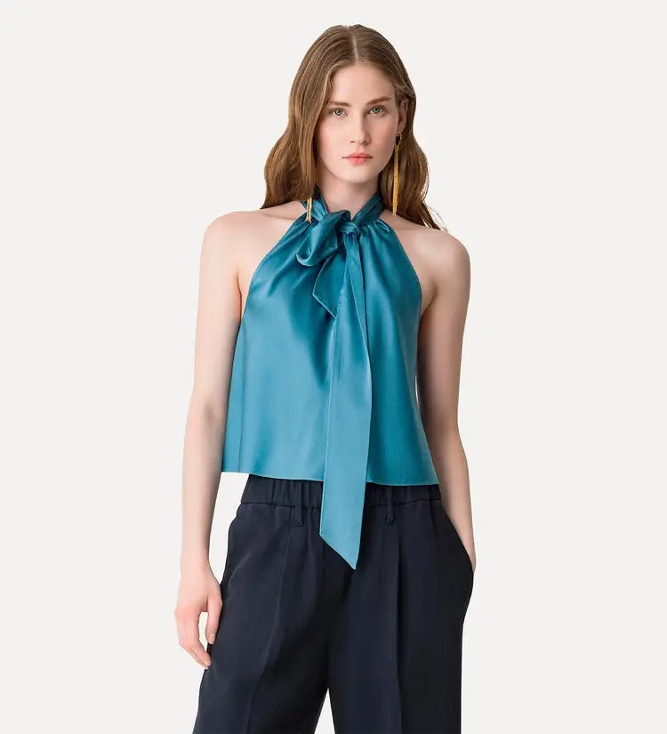 HEAVY STRETCH SILK SATIN BOW TIE TOP