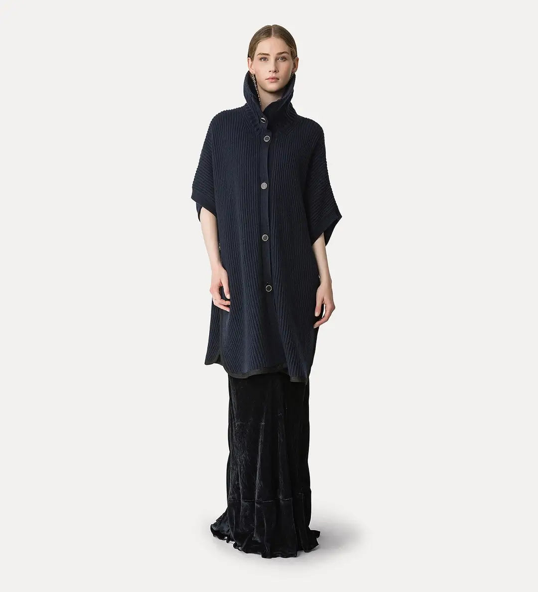 WOOL CASHMERE HALF CARDIGAN STITCH PONCHO