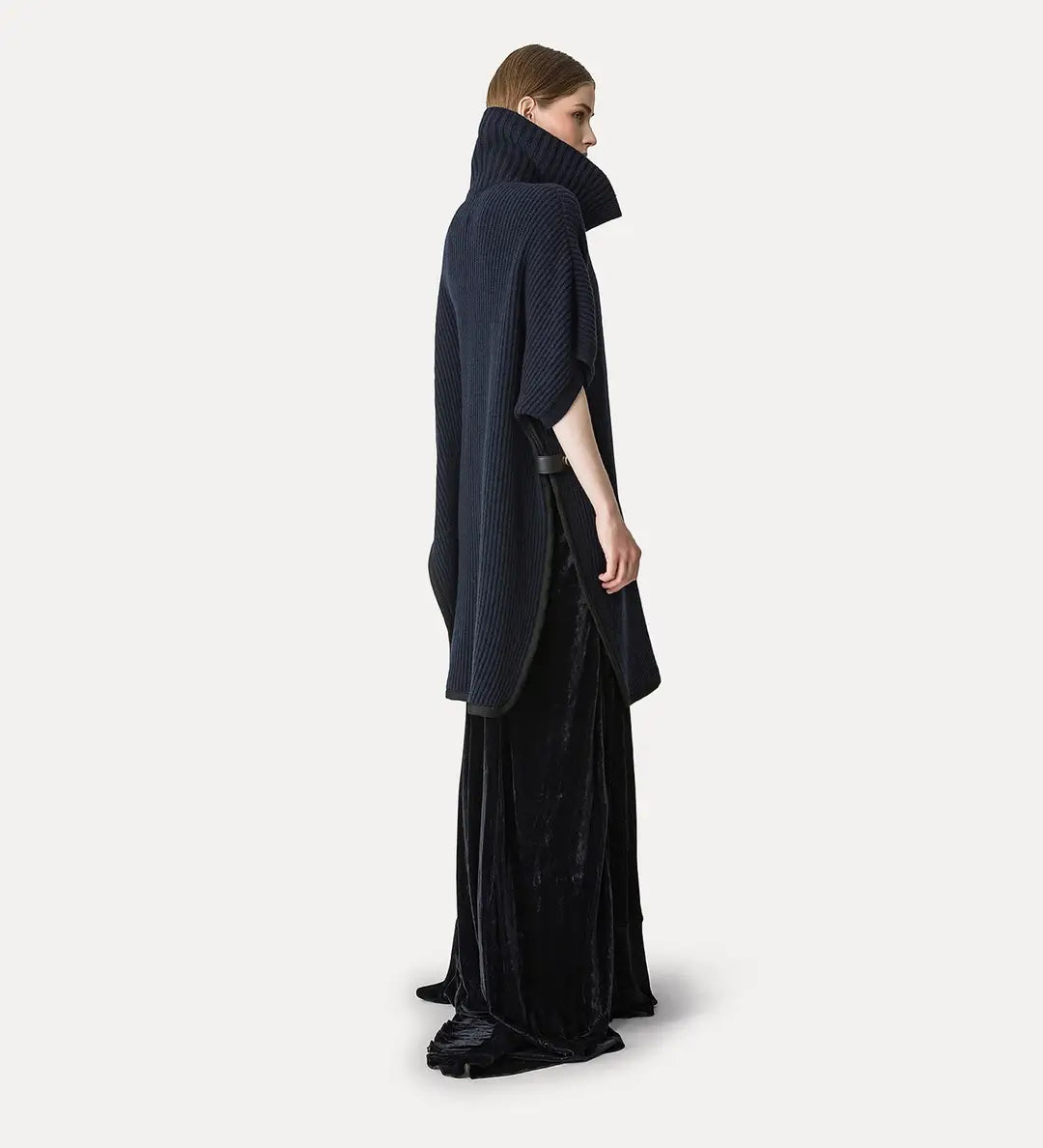 WOOL CASHMERE HALF CARDIGAN STITCH PONCHO