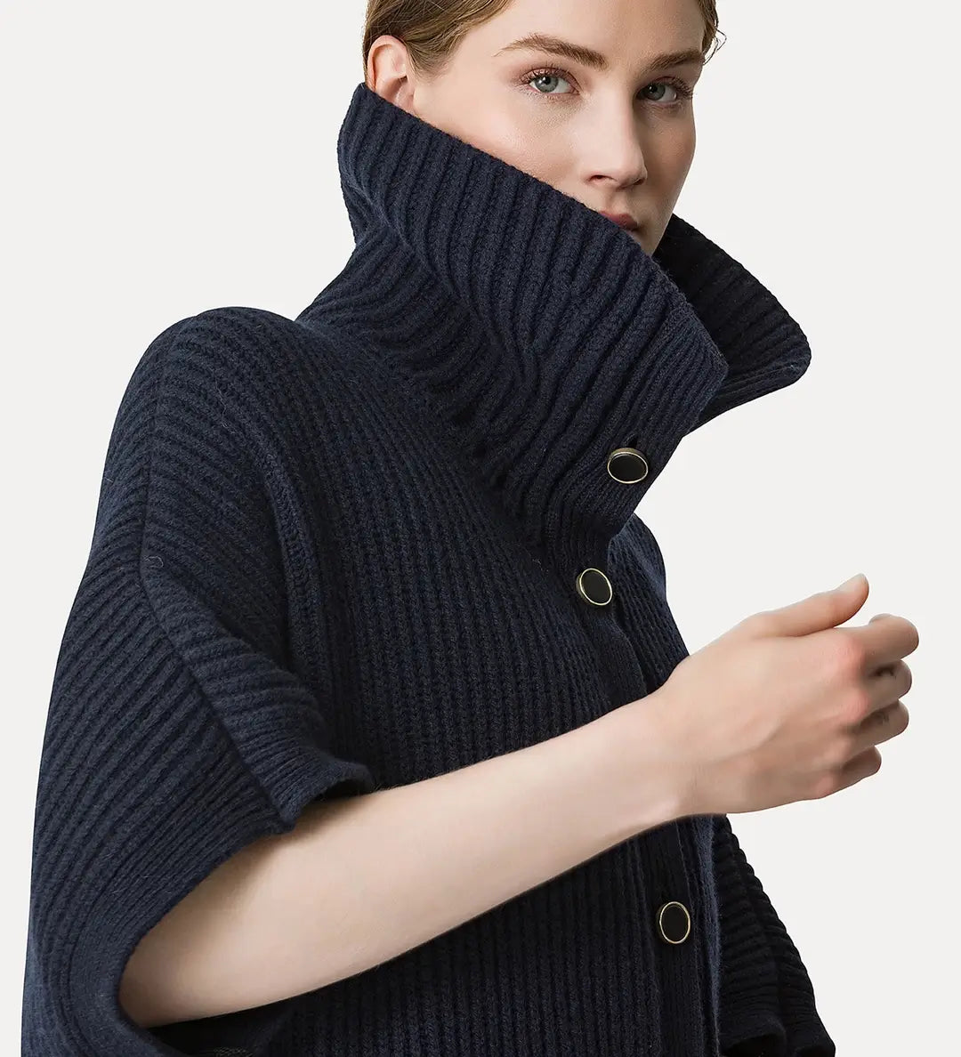 WOOL CASHMERE HALF CARDIGAN STITCH PONCHO