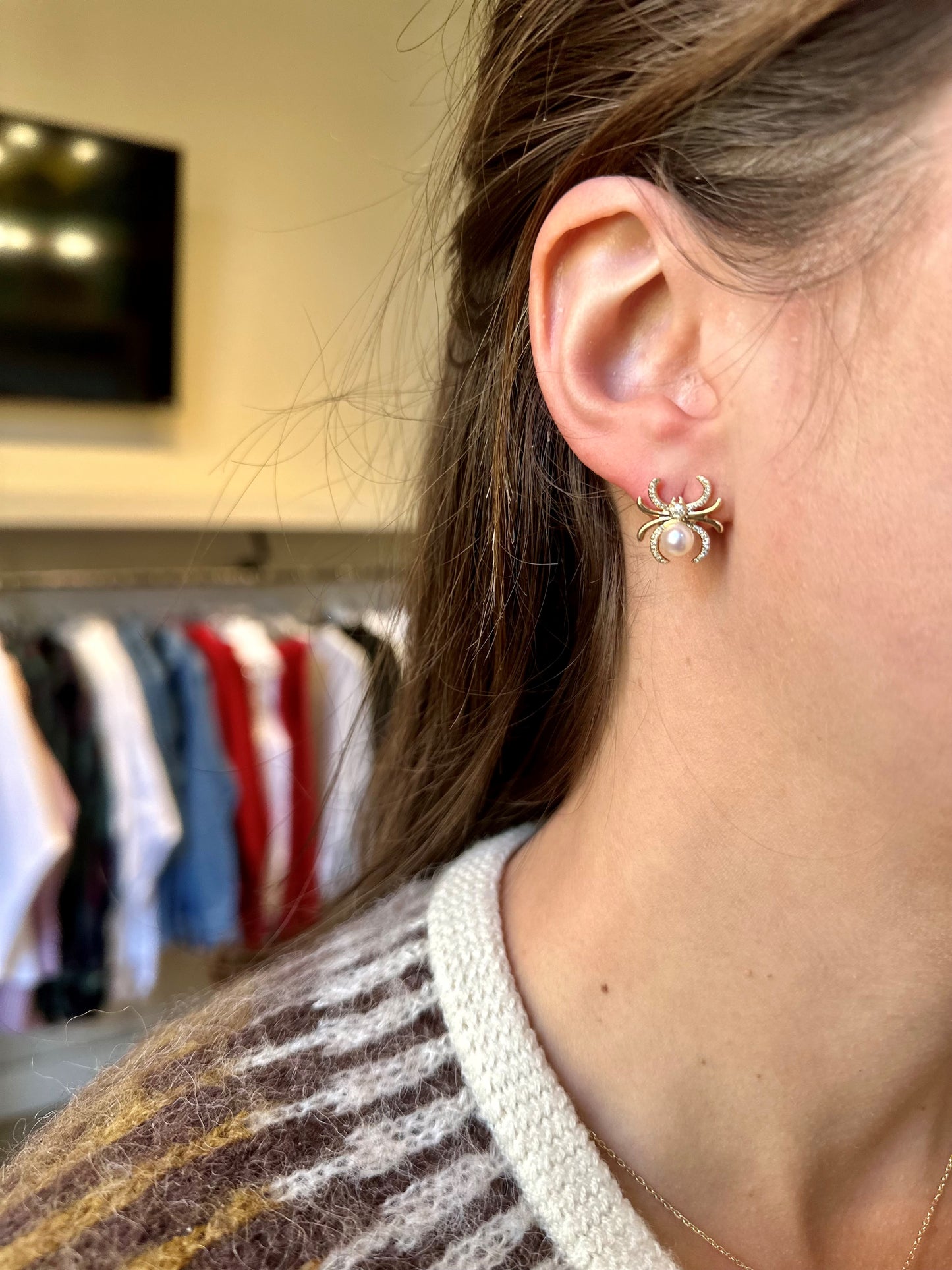 Diamond Spider Fresh Water Pearl Stud Earrings, 14k Yellow Gold