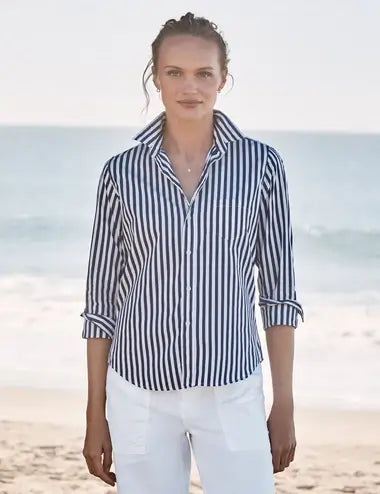 BARRY BUTTON UP- NAVY WHITE STRIPE