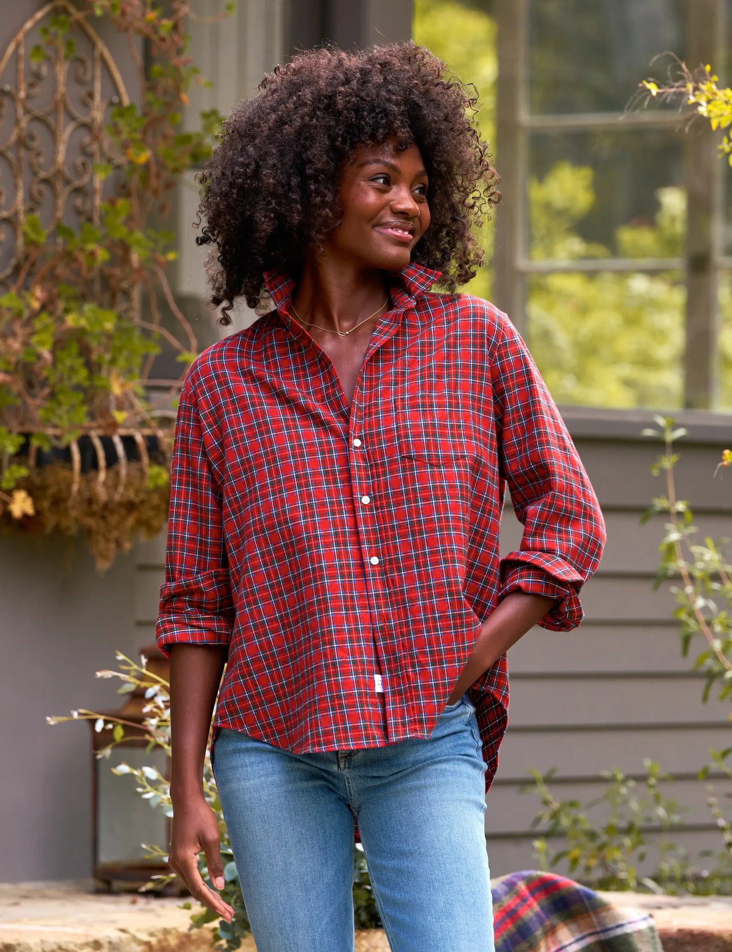 EILEEN RELAXED BUTTON UP- SMALL RED PLAID