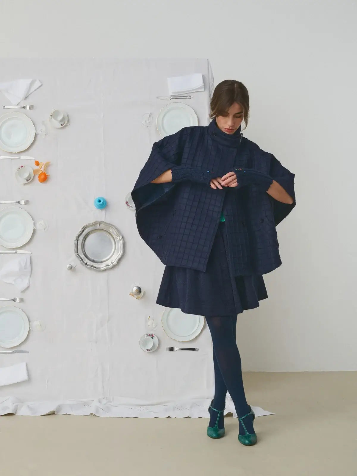 PINTUCK WOOLEN CAPE WITH CERAMIC BUTTONS
