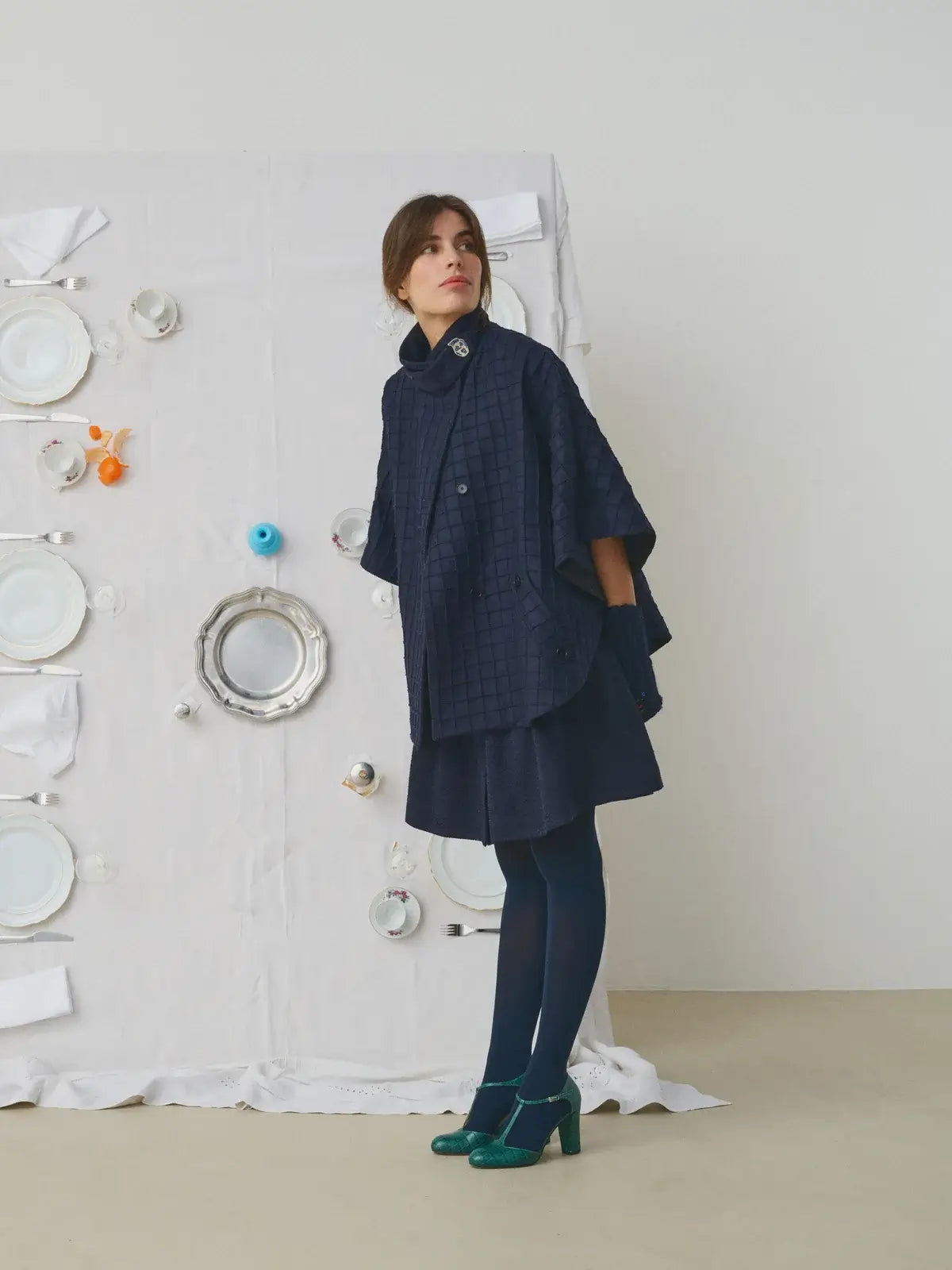 PINTUCK WOOLEN CAPE WITH CERAMIC BUTTONS