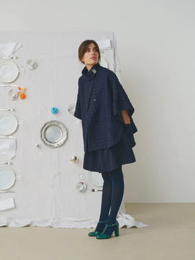 PINTUCK WOOLEN CAPE WITH CERAMIC BUTTONS