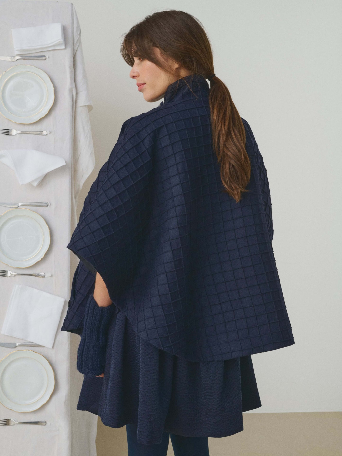 PINTUCK WOOLEN CAPE WITH CERAMIC BUTTONS