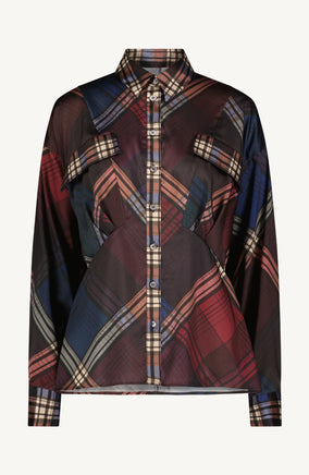 PLAID SATIN BUTTON DOWN BLOUSE