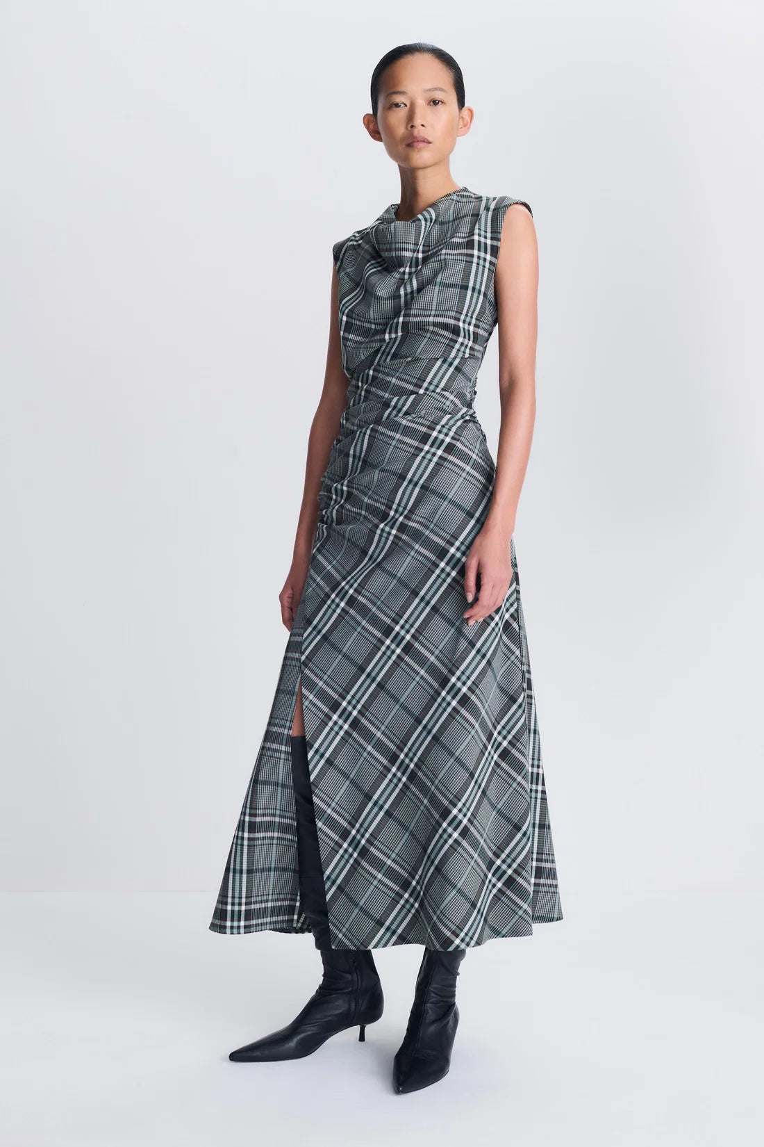 Burke S/L Draped Midi Dress - Everglade Plaid