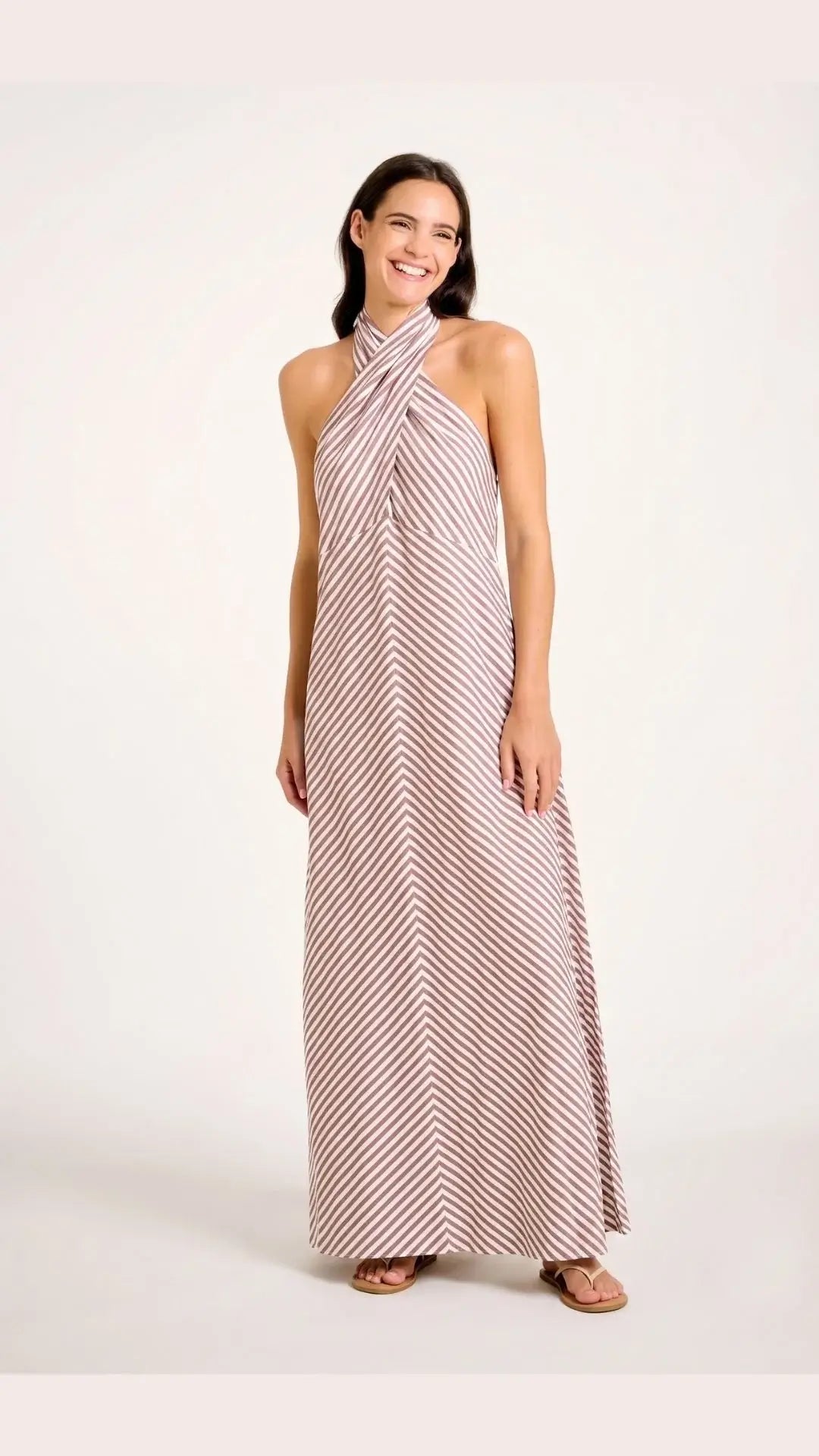 AMORE HALTER DRESS IN BROWN/WHITE STRIPES