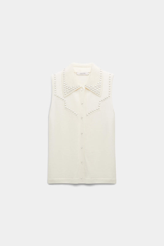 EMBELLISHED SLEEVELESS KNIT WITH POLO COLLAR