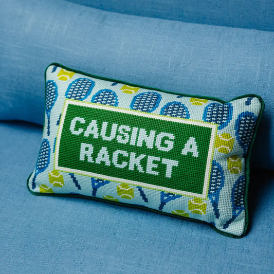CAUSING A RACKET NEEDLEPOINT PILLOW