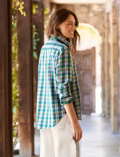 RELAXED BUTTON UP SHIRT IN GREEN PINK BLUE BLACK PLAID