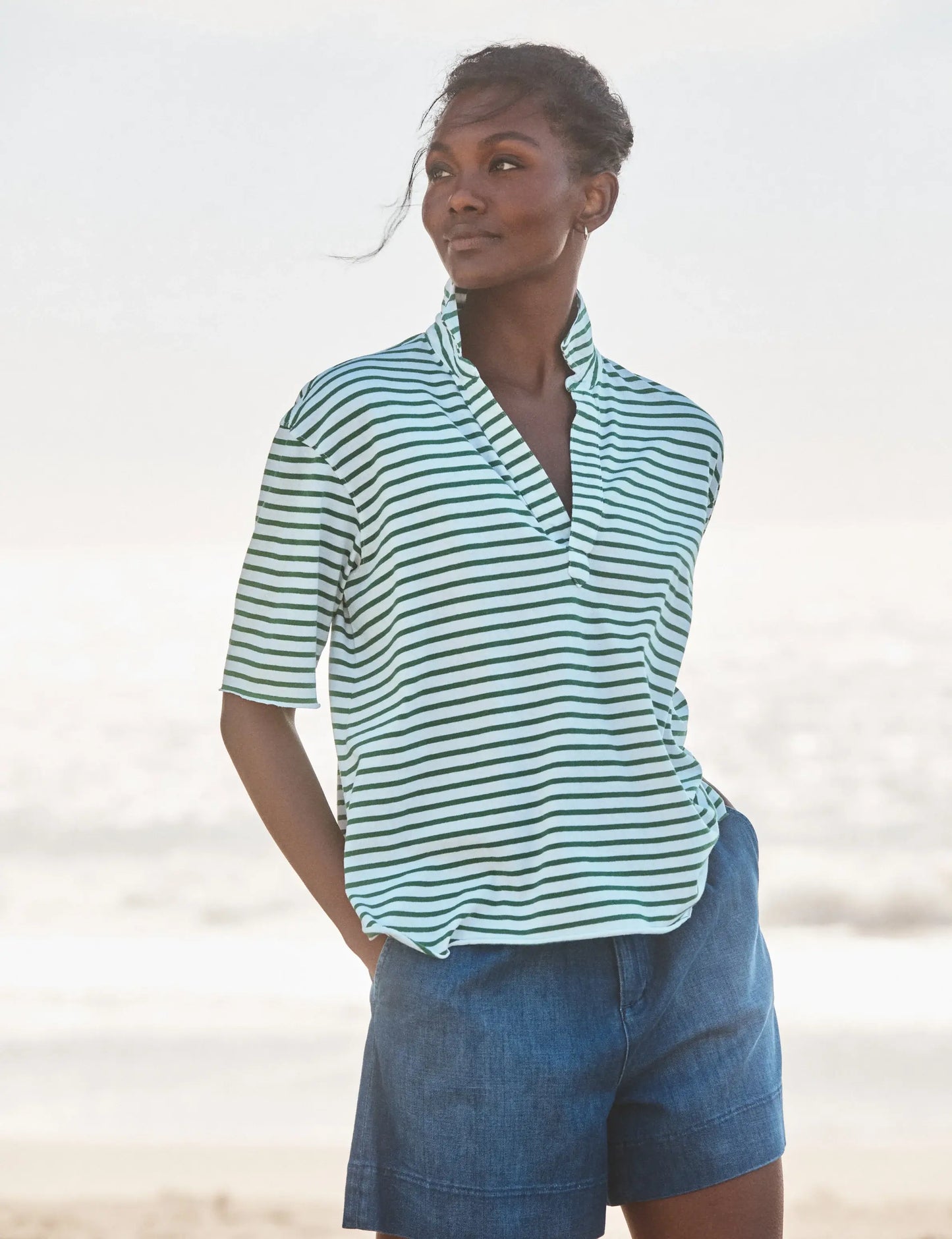 PATTY POPOVER HENLEY- GREEN STRIPE