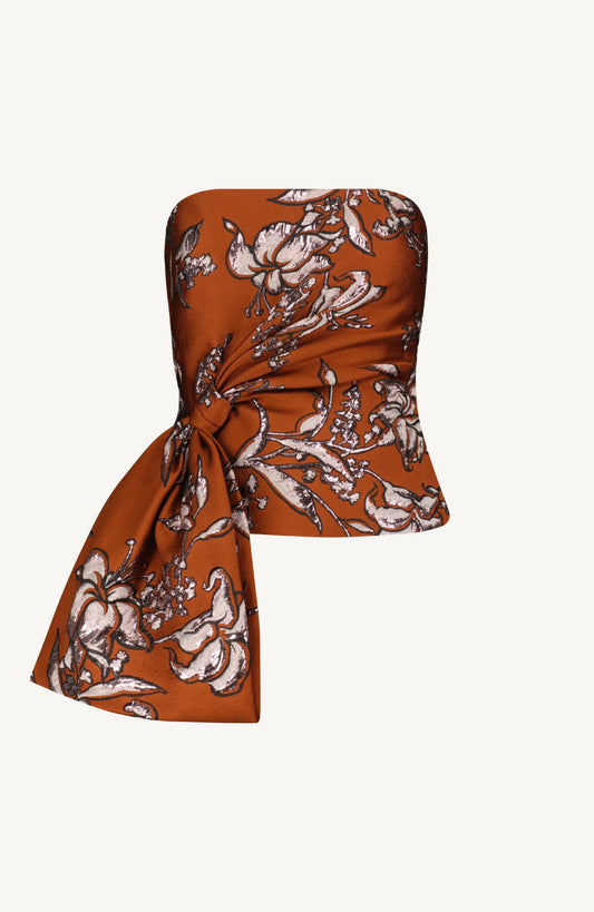 METALLIC FLORAL JACQUARD STRAPLESS CASCADE TOP