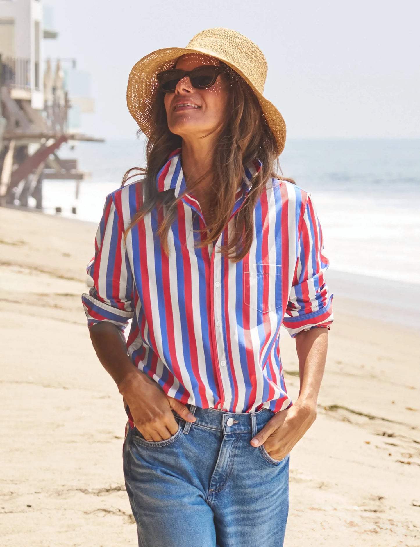 EILEEN BUTTON UP IN RED BLUE CREAM STRIPE