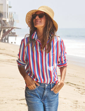 EILEEN BUTTON UP IN RED BLUE CREAM STRIPE