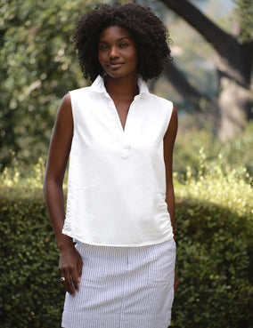 OLIVIA SLEEVELESS POLO- WHITE DENIM