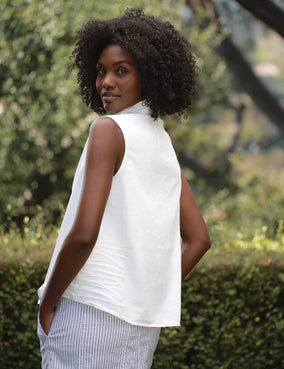 OLIVIA SLEEVELESS POLO- WHITE DENIM