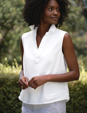 OLIVIA SLEEVELESS POLO- WHITE DENIM