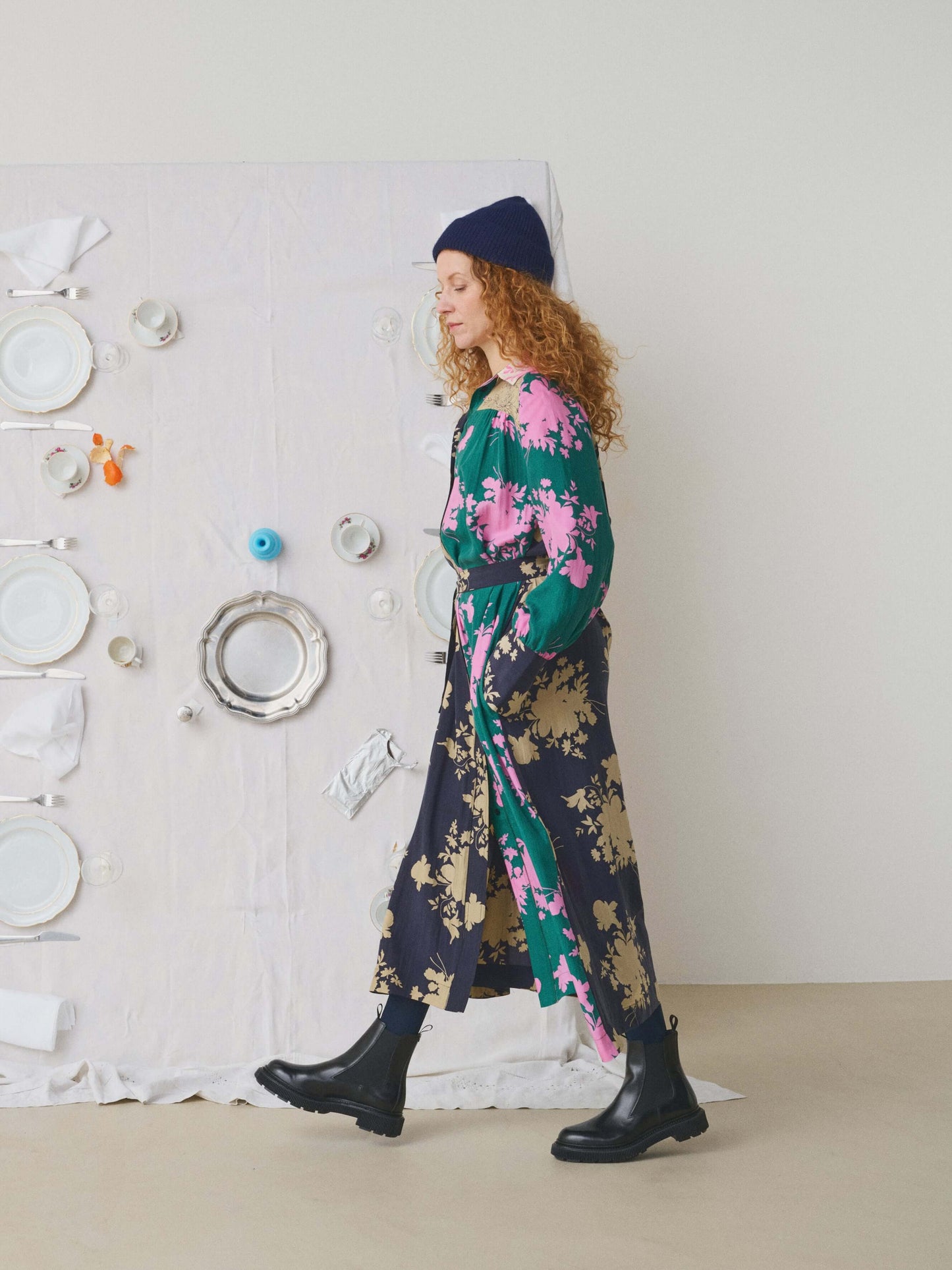 SCREEN PRINTED LONG SILK DRESS