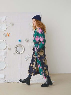 SCREEN PRINTED LONG SILK DRESS