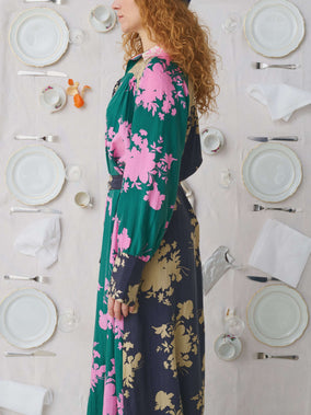 SCREEN PRINTED LONG SILK DRESS