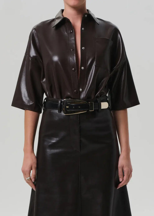 FRANCES CROPPED CAPE BUTTON UP IN LEATHER