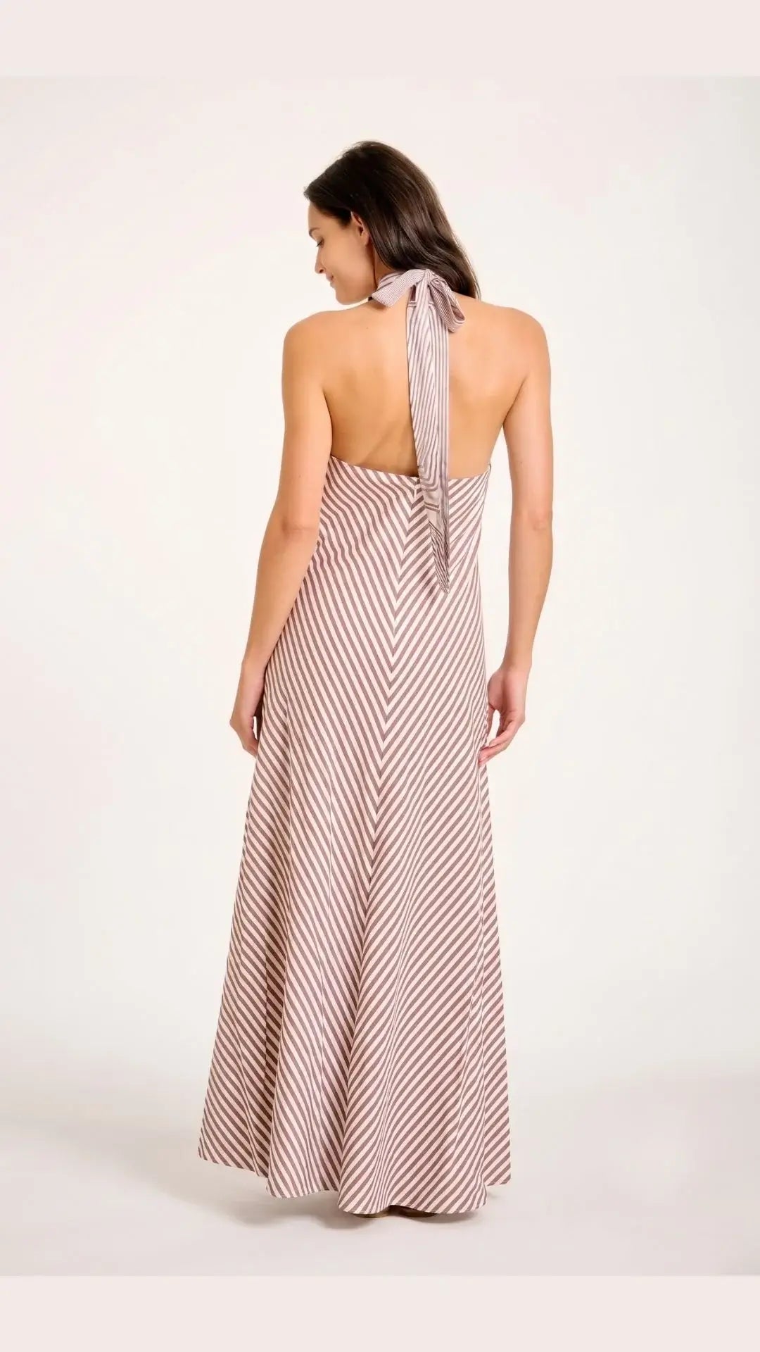 AMORE HALTER DRESS IN BROWN/WHITE STRIPES