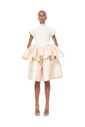 HEAVY SATIN CAP SLEEVE TOP WITH PEPLUM