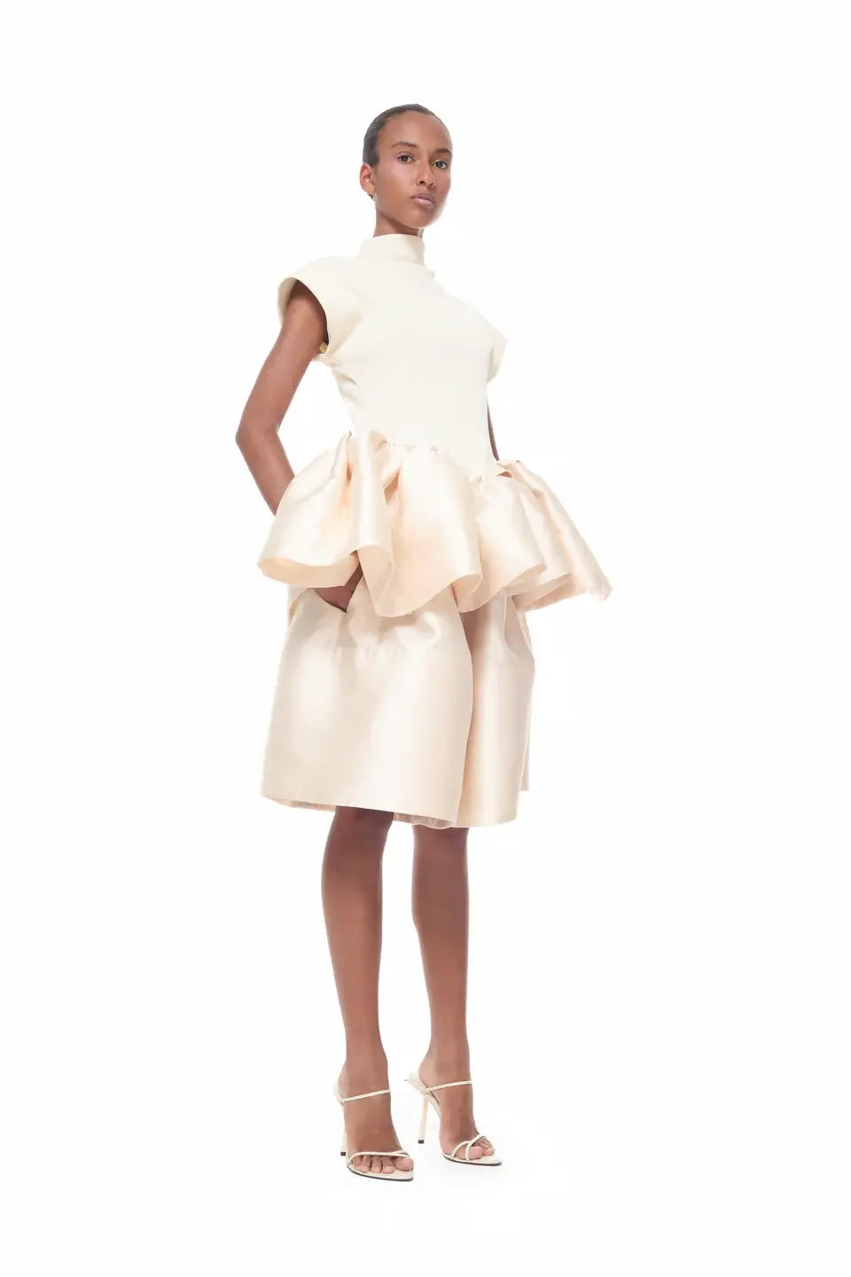 HEAVY SATIN CAP SLEEVE TOP WITH PEPLUM