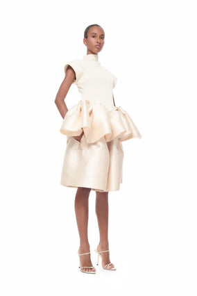 HEAVY SATIN CAP SLEEVE TOP WITH PEPLUM