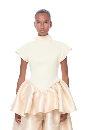 HEAVY SATIN CAP SLEEVE TOP WITH PEPLUM