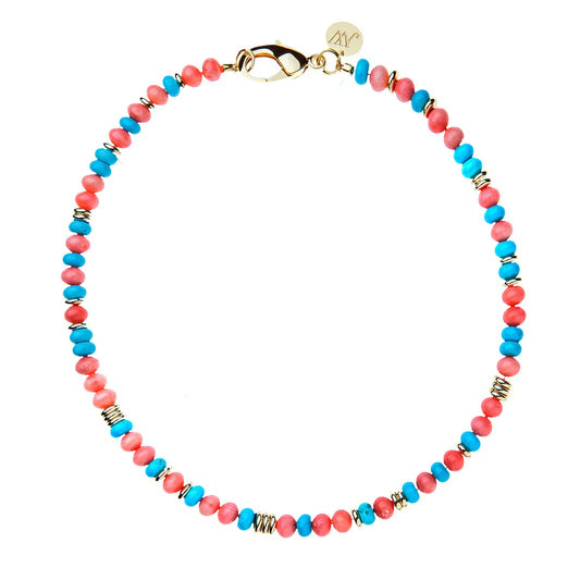 GUMDROP BEADED NECKLACE IN CORAL AND TURQUOISE MIX 16"